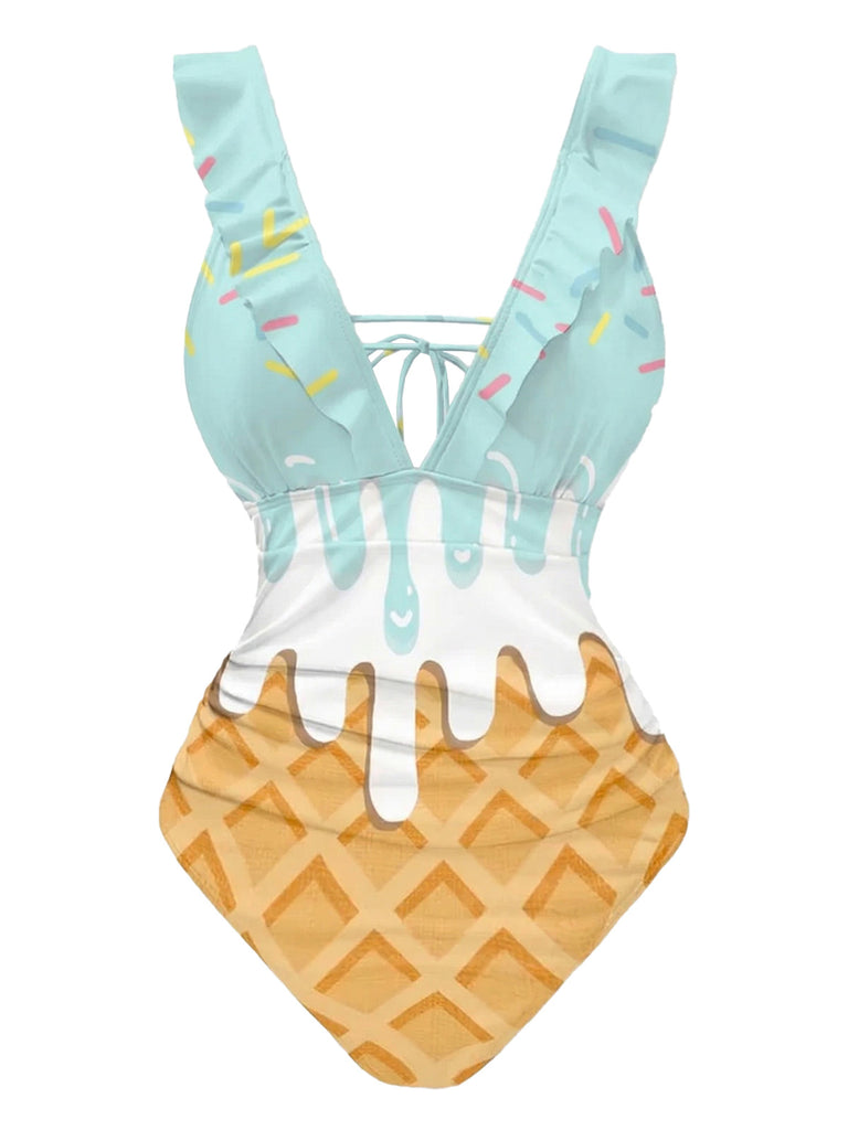 [Pre-Sale] Blue 1970s Ruffled Tie Back Ice-Cream Swimsuit