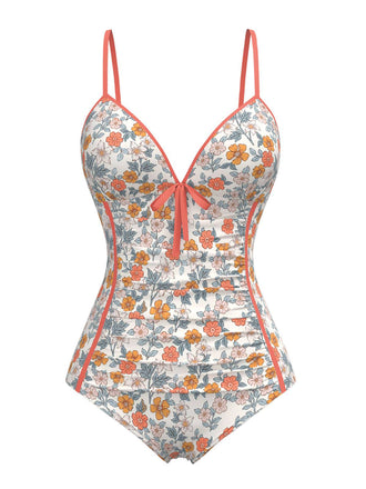 Orange 1960s Daisy Lace-Up One-Piece Swimsuit