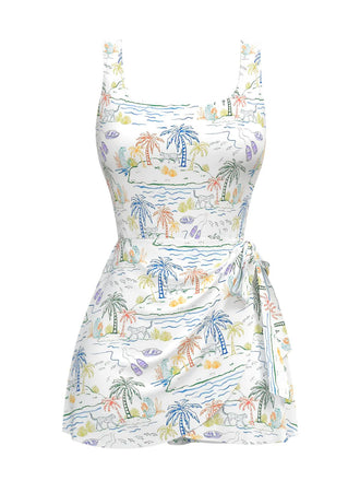 White 1940s Plant Print Square Neck Swimdress