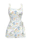 White 1940s Plant Print Square Neck Swimdress