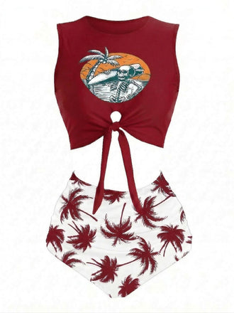 [Pre-Sale] Wine Red 1980s Punk Waist Tie Skeleton Beach Print Bikini Set