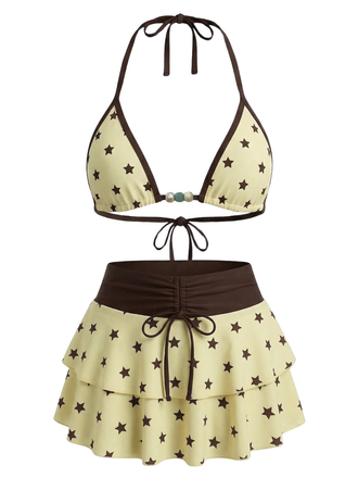 [Pre-Sale] Cream Yellow 1960s Floral Print Tie-Front Layered Bikini Set