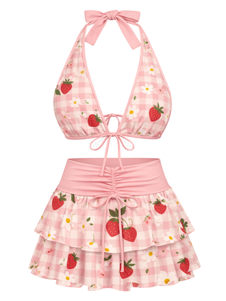 [Pre-Sale] Pink Strawberry 1960s Floral Print Tie-Front Layered Bikini Set