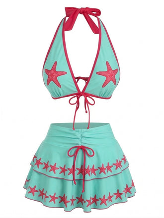 [Pre-Sale] Turquoise 1960s Floral Print Tie-Front Layered Bikini Set