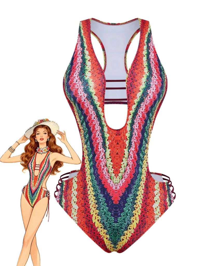 Multicolor 1960s Rainbow Cutout Strappy Faux Crochet Swimsuit