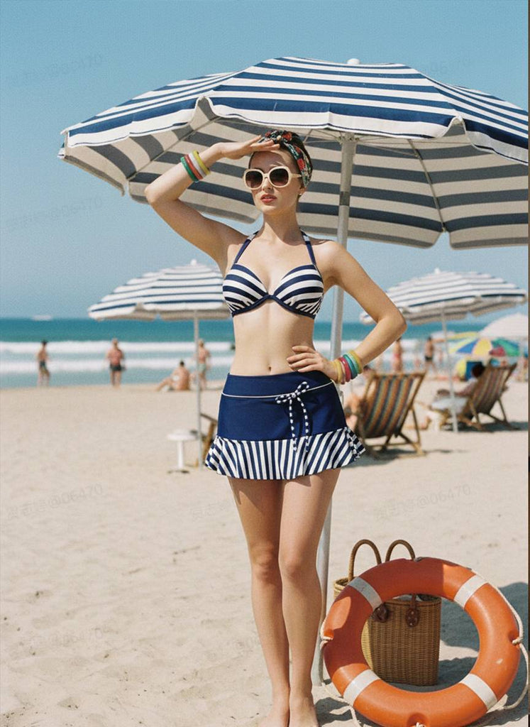 [Pre-Sale] Navy Blue 1940s Striped Bikini Swimsuit