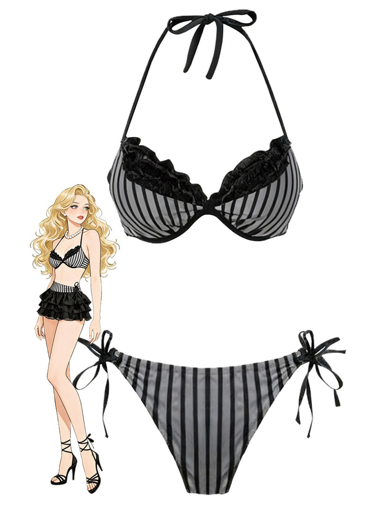 [Pre-Sale] Grey 1960s Striped Mesh Halter Bow Bikini Set