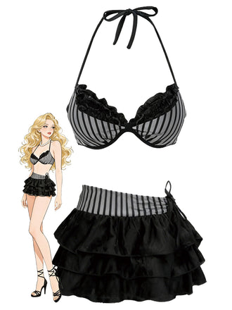 [Pre-Sale] 2PCS Grey 1960s Striped Halter Bikini Set & Tiered Cover-Up