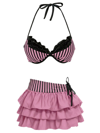 [Pre-Sale] 2PCS Pink 1960s Striped Halter Bikini Set & Tiered Cover-Up