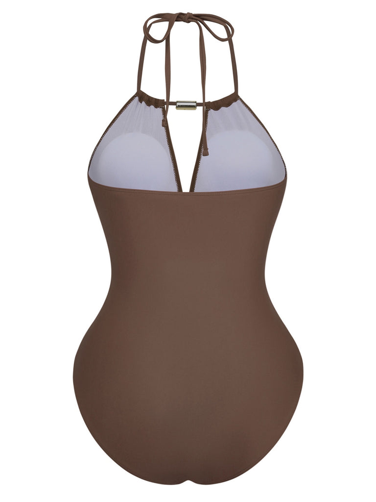 1940s Ruched Deep-V Halter One-Piece Swimsuit