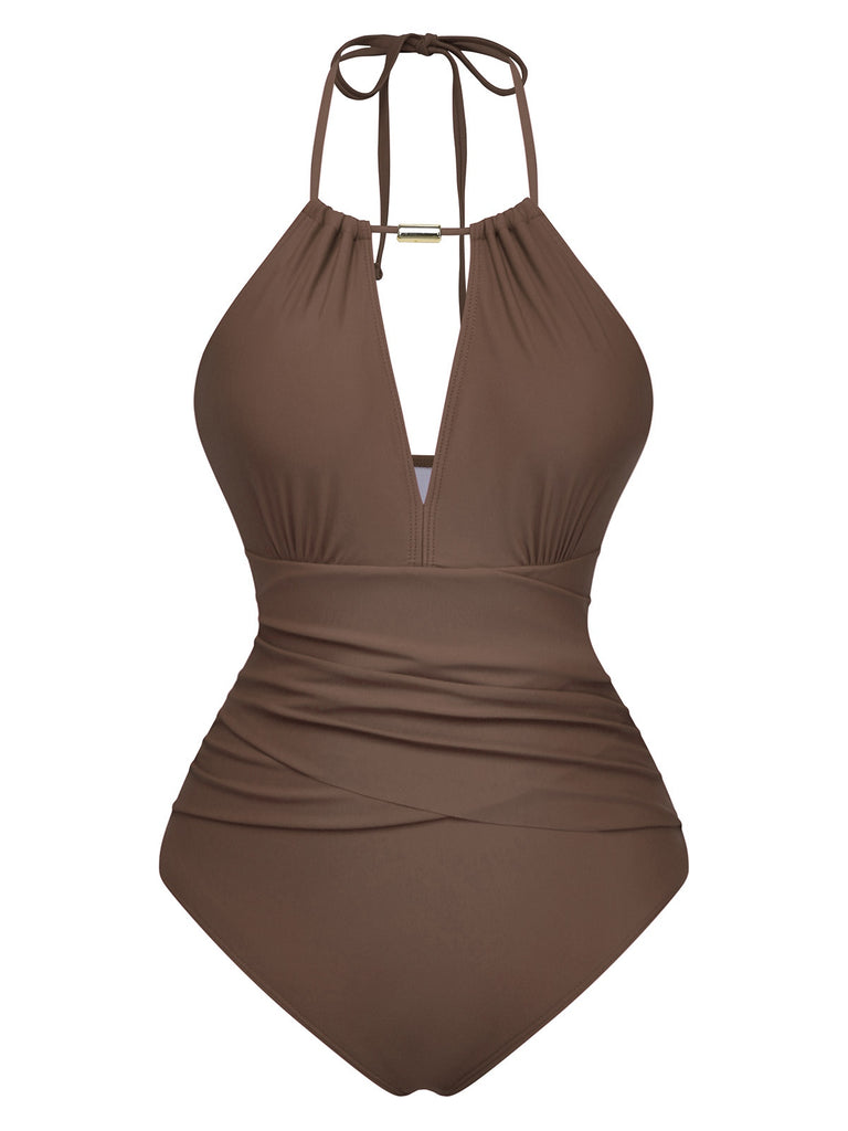 1940s Ruched Deep-V Halter One-Piece Swimsuit