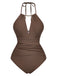 1940s Ruched Deep-V Halter One-Piece Swimsuit