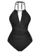 1940s Ruched Deep-V Halter One-Piece Swimsuit