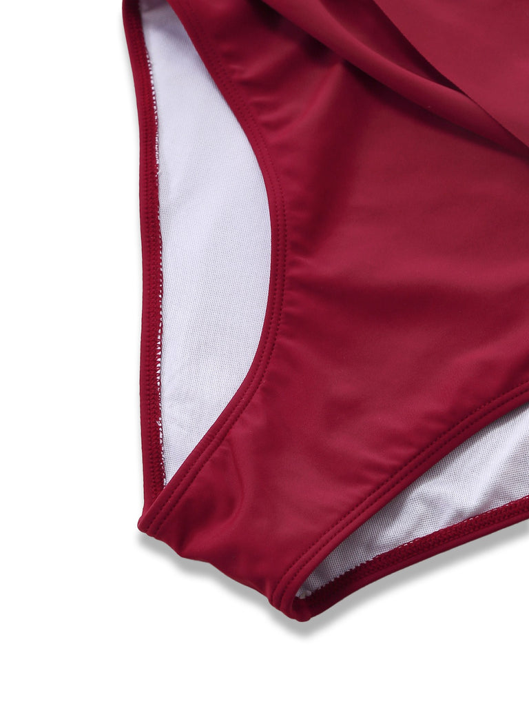 1940s Ruched Deep-V Halter One-Piece Swimsuit