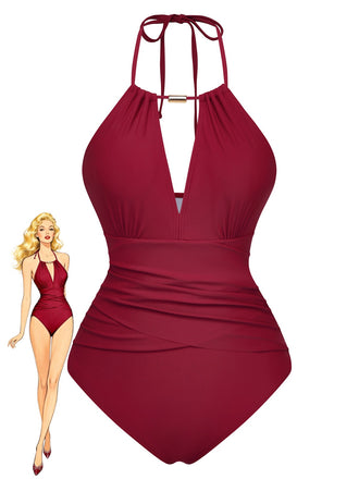 1940s Ruched Deep-V Halter One-Piece Swimsuit