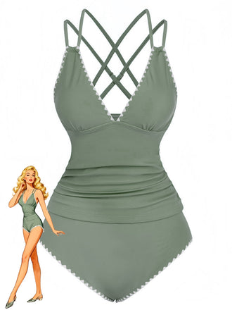 1940s Colorblock Deep V Crisscross Back Tankini Set
