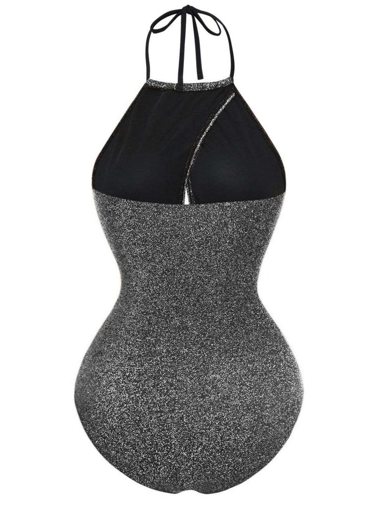 1940s Glitter Halter Cutout Bow One-Piece Swimsuit