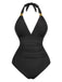 1940s Solid Deep V Halter Ruched One-Piece Swimsuit