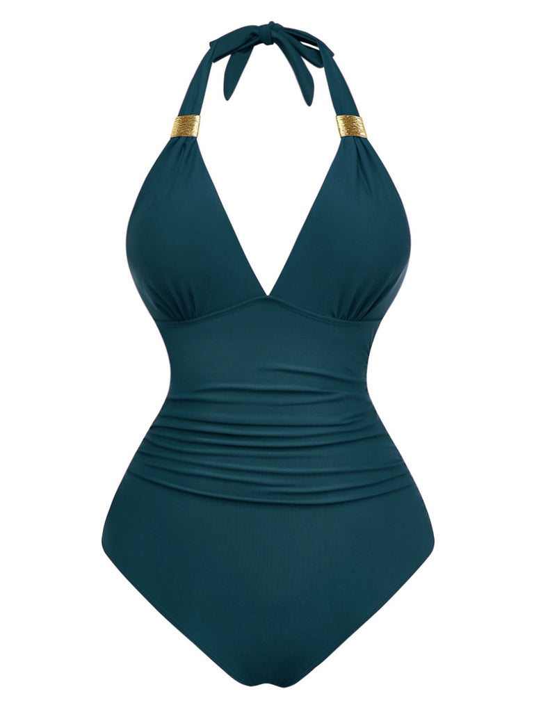 1940s Solid Deep V Halter Ruched One-Piece Swimsuit