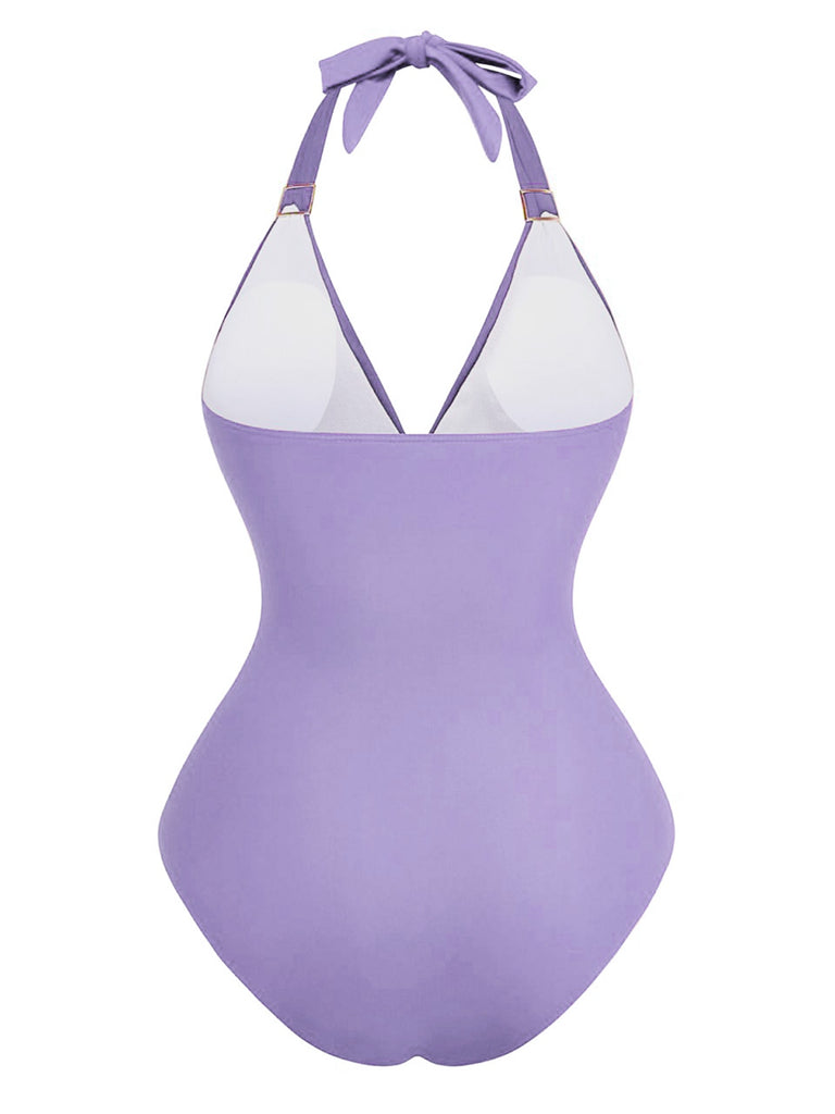 1940s Solid Deep V Halter Ruched One-Piece Swimsuit