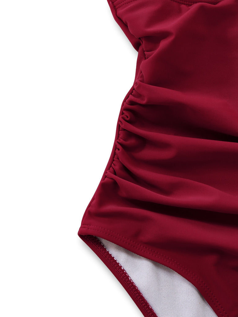 1940s Solid Deep V Halter Ruched One-Piece Swimsuit