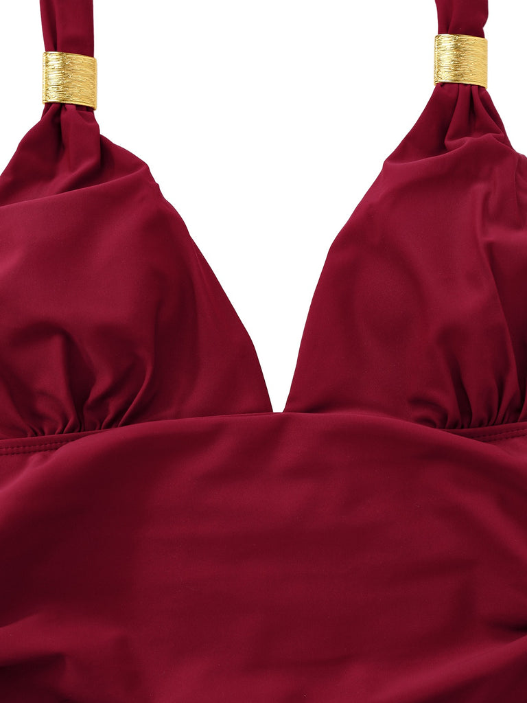 1940s Solid Deep V Halter Ruched One-Piece Swimsuit