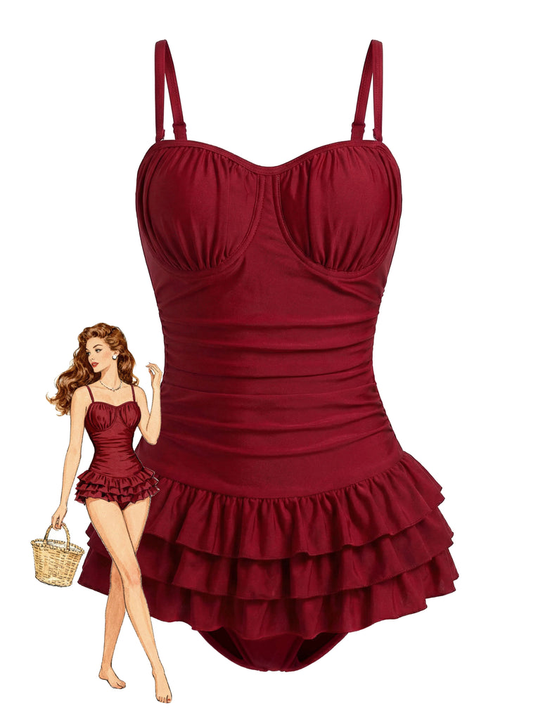 Red 1950s Ruffled Ruched Tiered One-Piece Swimsuit