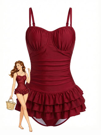 [Pre-Sale] Red 1950s Ruffled Ruched Tiered One-Piece Swimsuit