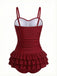 Red 1950s Ruffled Ruched Tiered One-Piece Swimsuit