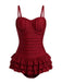 Red 1950s Ruffled Ruched Tiered One-Piece Swimsuit