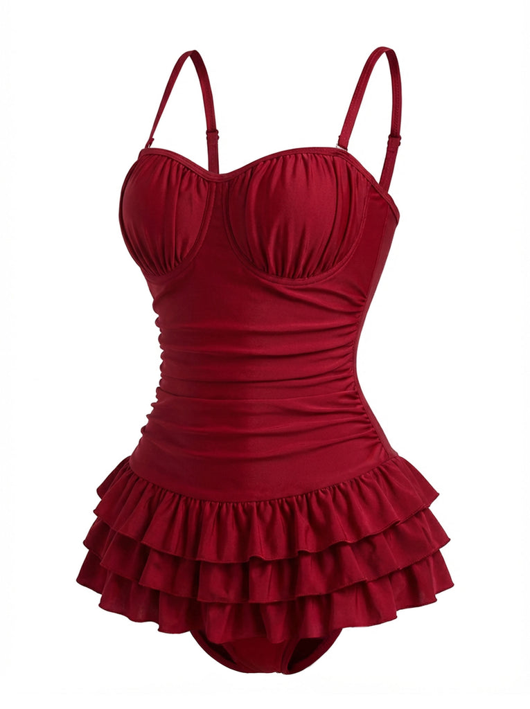 Red 1950s Ruffled Ruched Tiered One-Piece Swimsuit