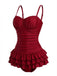 Red 1950s Ruffled Ruched Tiered One-Piece Swimsuit