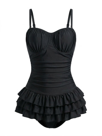 [Pre-Sale] Black 1950s Ruffled Ruched Tiered One-Piece Swimsuit