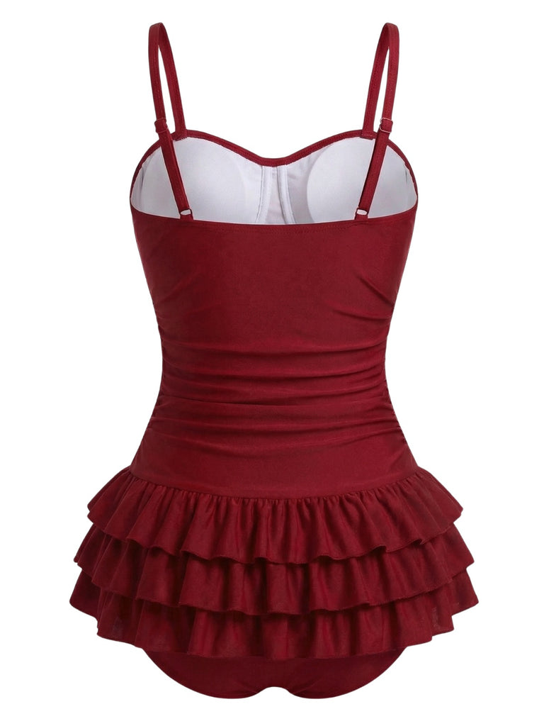 [Pre-Sale] Red 1950s Ruffled Ruched Tiered One-Piece Swimsuit