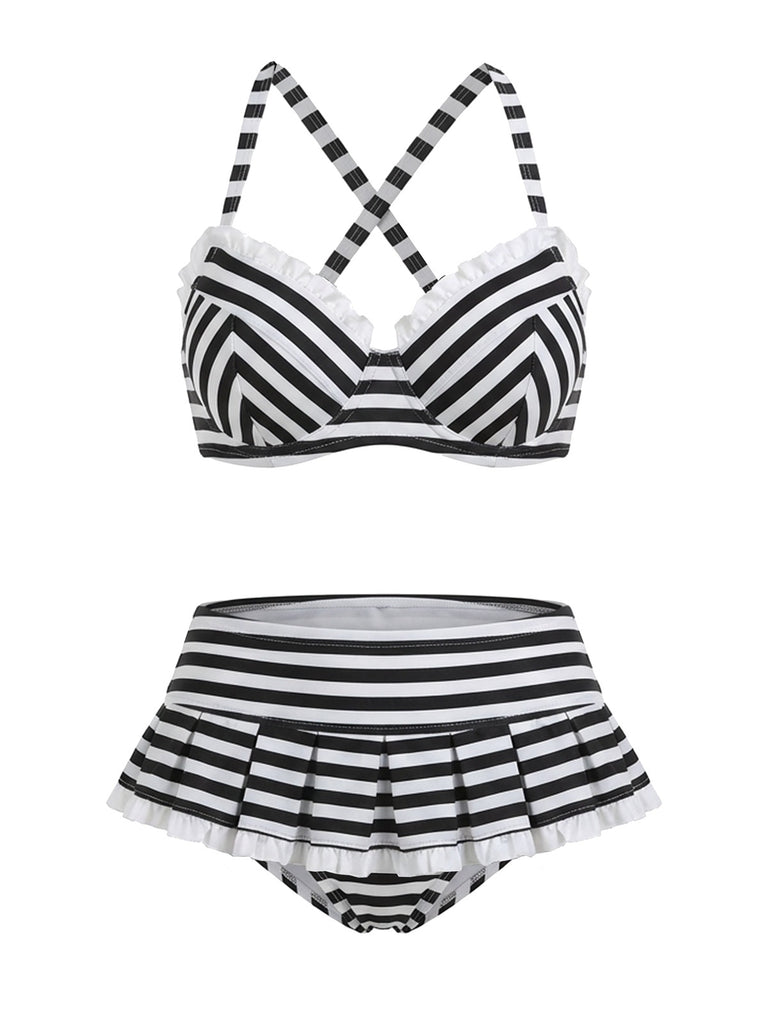 [Pre-Sale] Black & White 1960s Ruffled Strap Stripe Bikini Set