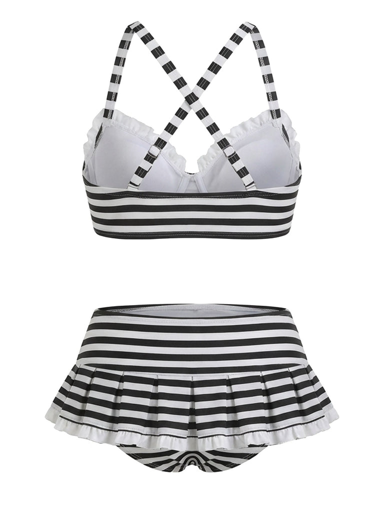 [Pre-Sale] Black & White 1960s Ruffled Strap Stripe Bikini Set