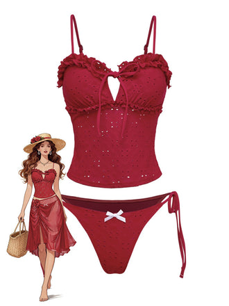 Red 1960s Embroidered Cutout Ruffled Side-Tie Tankini Set