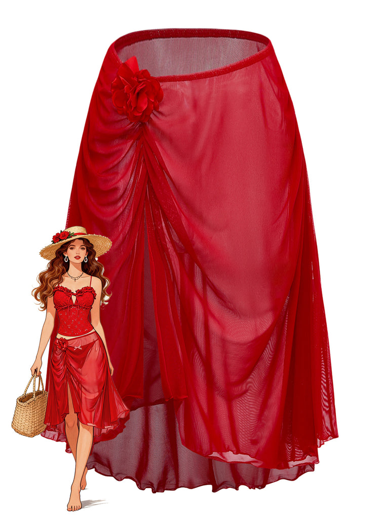 [Pre-Sale] Red 1960s 3D Floral Mesh High-Low Cover-Up