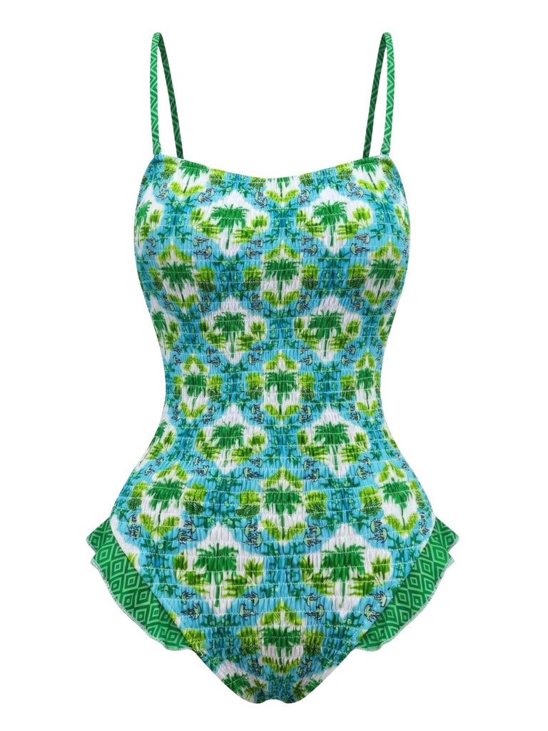 1960s Tropical Coconut Palm Tree Print Swimsuit