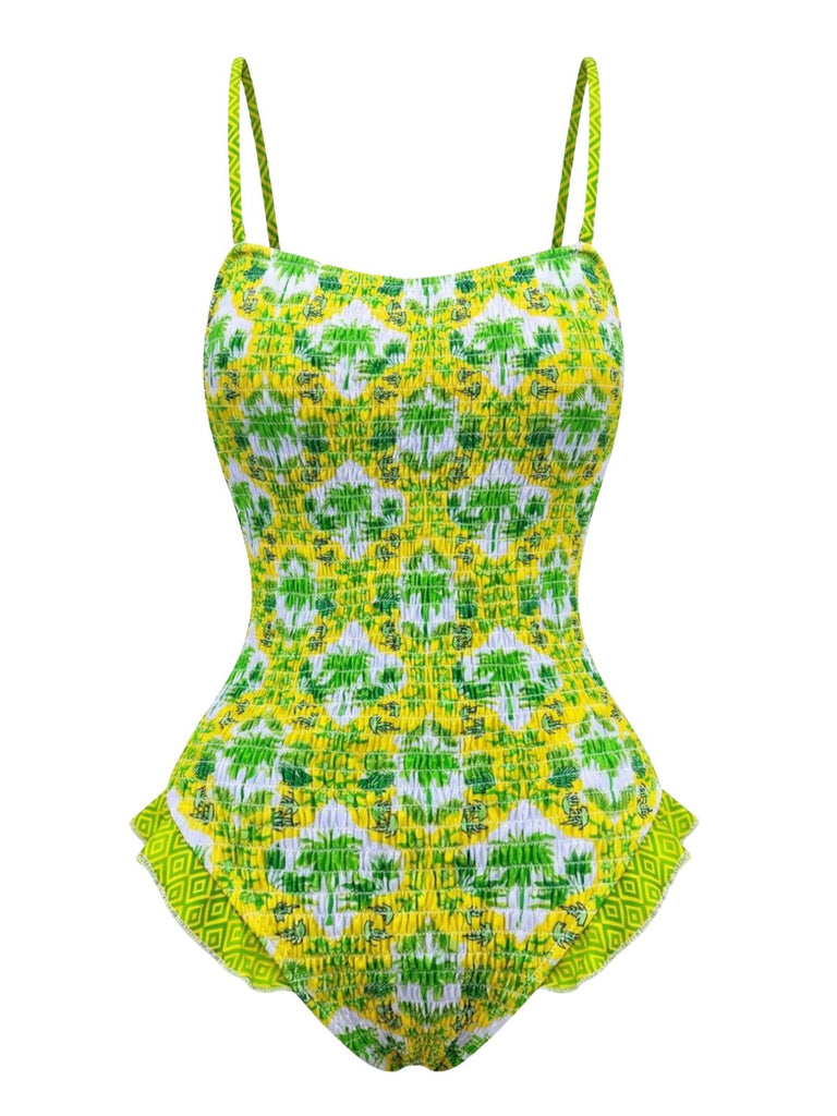 1960s Tropical Coconut Palm Tree Print Swimsuit