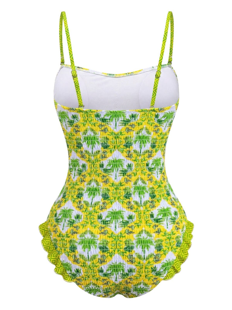 1960s Tropical Coconut Palm Tree Print Swimsuit