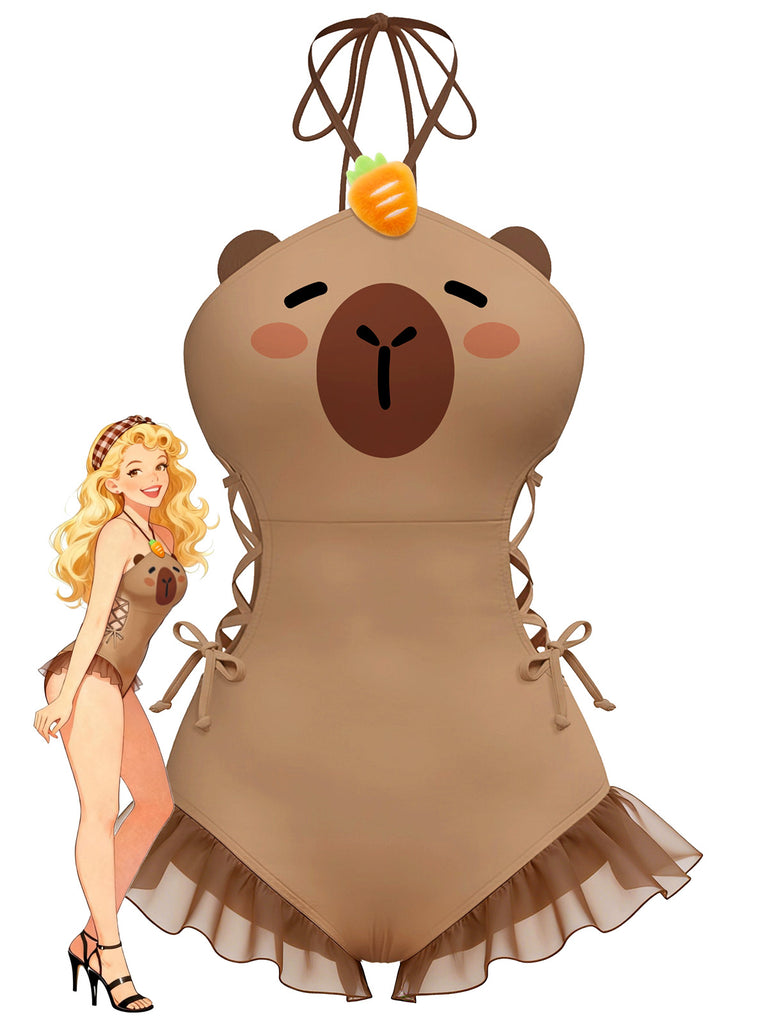 [Pre-Sale] Brown 1960s Capybara Print Lace-Up Swimsuit