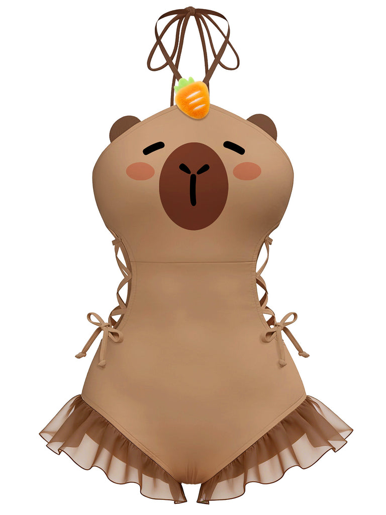 [Pre-Sale] Brown 1960s Capybara Print Lace-Up Swimsuit