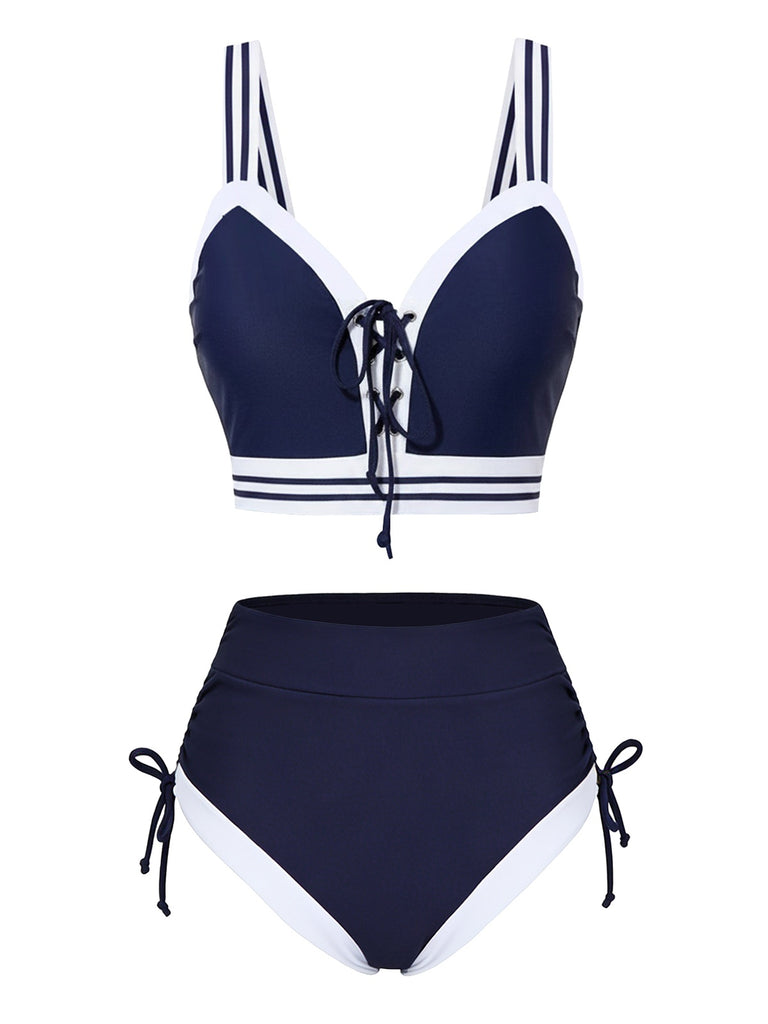 Blue 1940s Nautical Striped Lace-Up Bikini Set