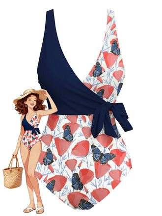 [Pre-Sale] Navy 1950s Floral Butterfly Print One-Piece Swimsuit