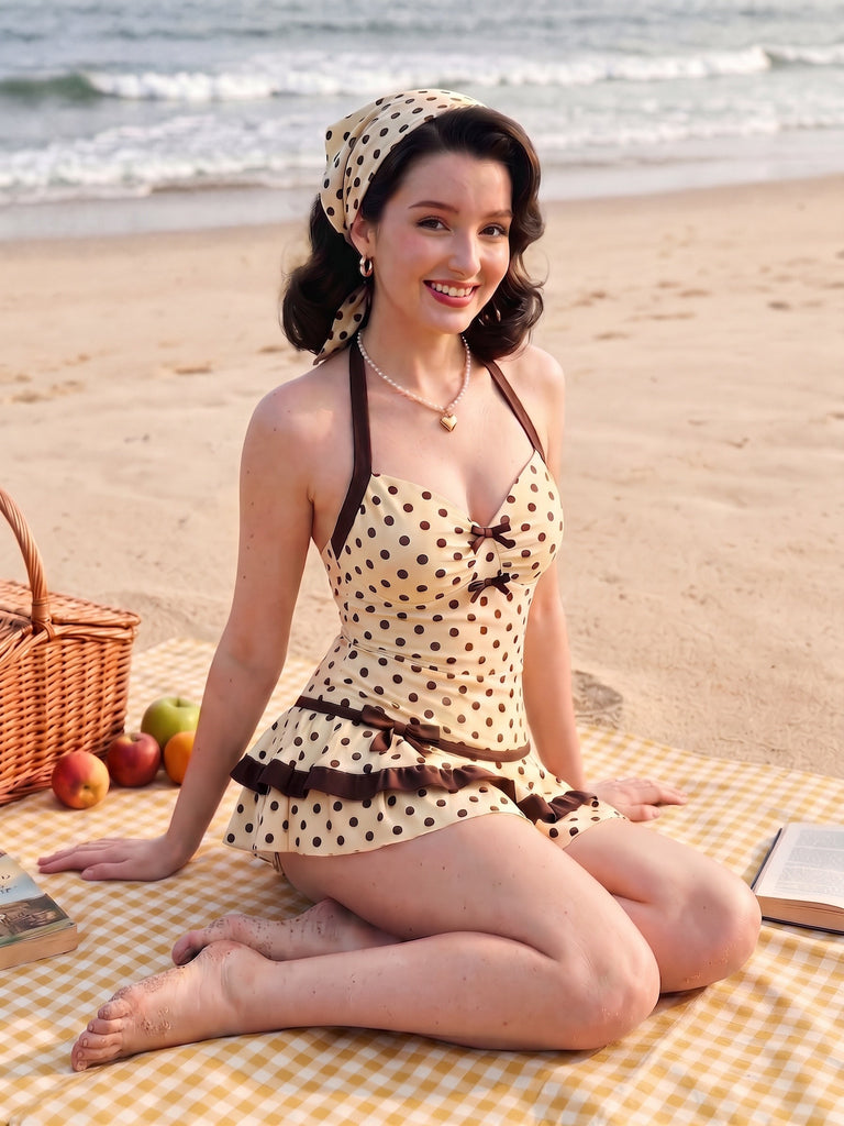1940s swimsuits today's homecoming dresses Retro Halter Bow Polka Dot Swim Dress One piece Swimsuit Blue&White