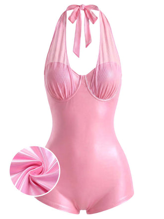 Peach Pink 2000s Mesh Halter Patchwork Swimsuit
