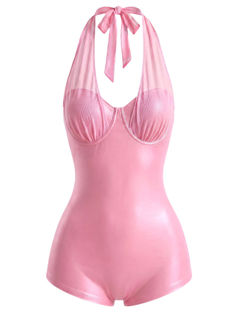 Peach Pink 2000s Mesh Halter Patchwork Swimsuit
