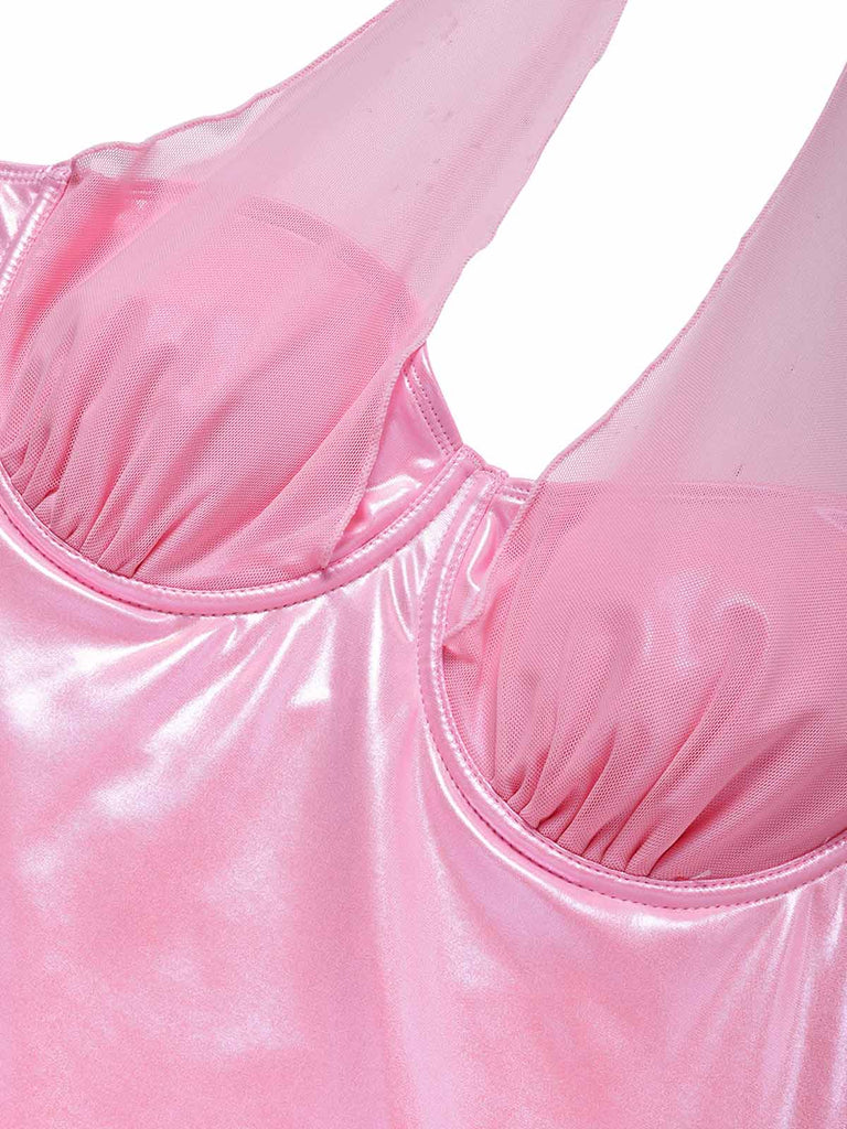 Peach Pink 2000s Mesh Halter Patchwork Swimsuit