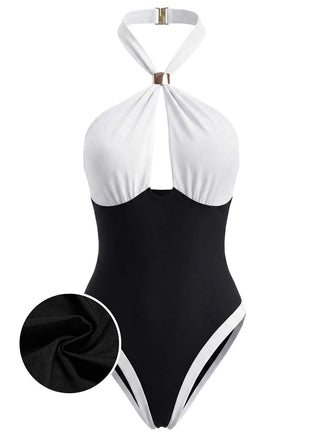黑白拼色 1940s Halter Swimsuit